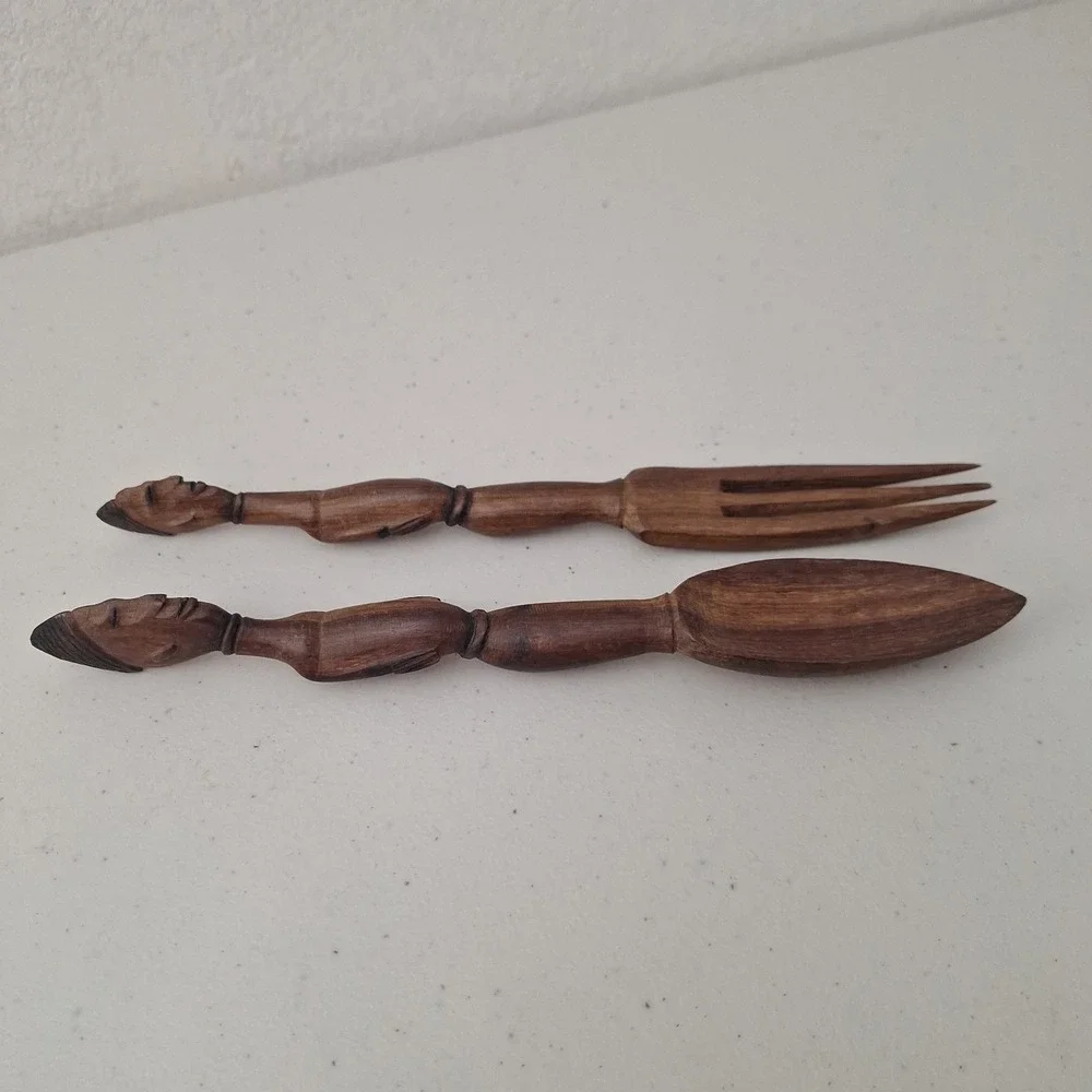 Vintage African Hand Carved Wooden Tribal Man and Woman Servers Utensils 10